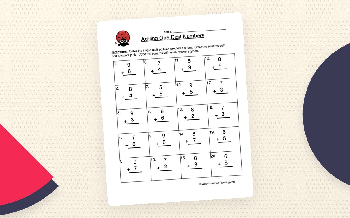 Single Digit Addition Problems Worksheet teaching resource preview