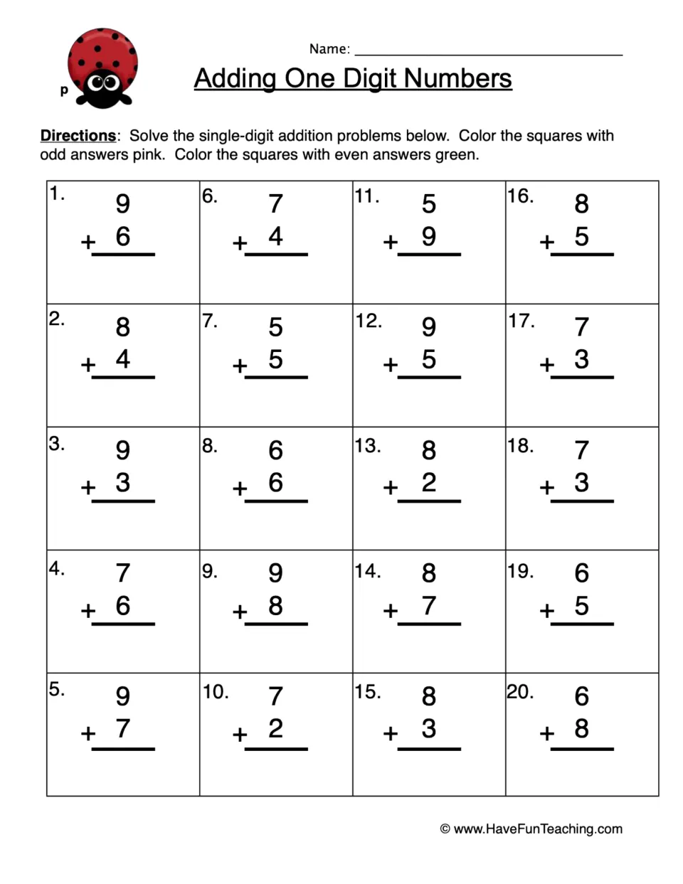 Adding One Digit Numbers: students solve 20 vertical sums, then color odd answers pink and even answers green