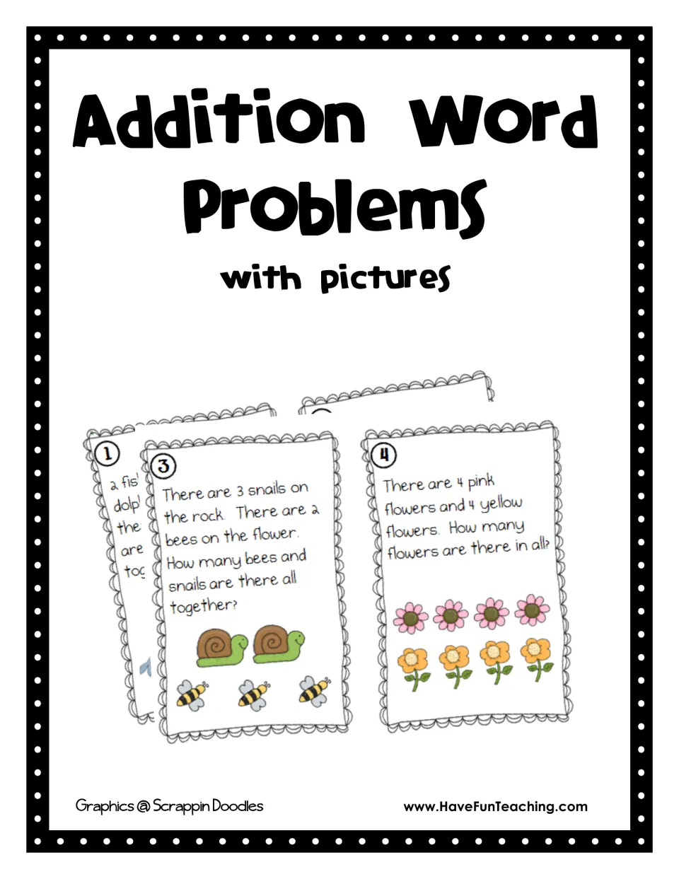 Addition Word Problems with pictures cover showing illustrated problem cards with snails, bees and pink and yellow flowers