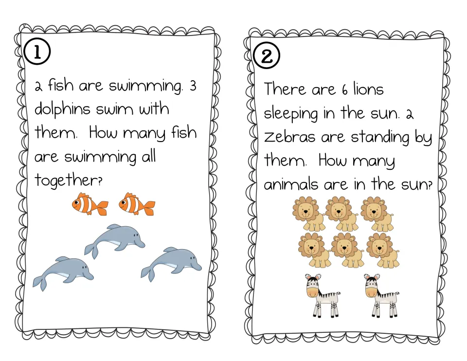 Picture addition cards 1 and 2: students add 2 fish and 3 dolphins, then 6 lions and 2 zebras, counting the animals