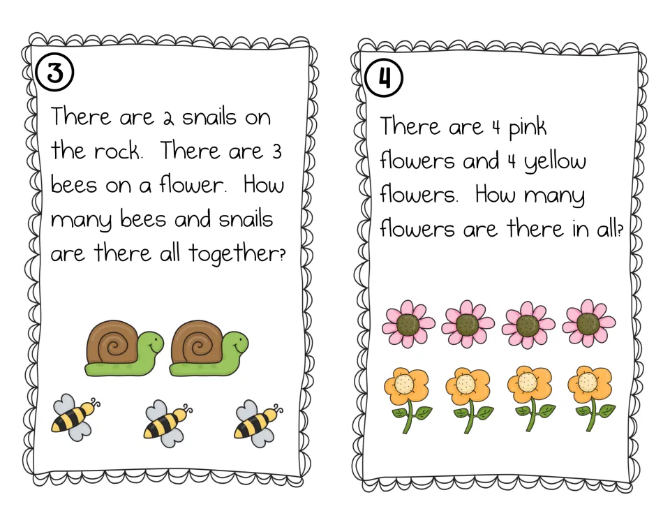 Story problem cards 3 and 4: students total 2 snails and 3 bees, then 4 pink and 4 yellow flowers, using the pictures