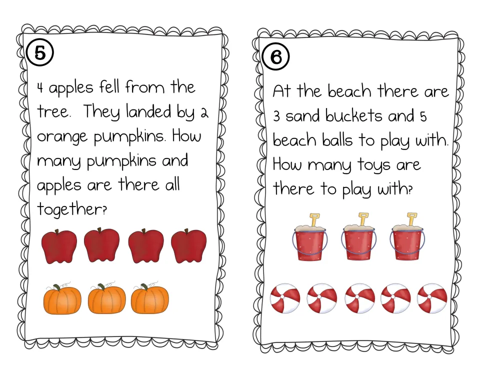 Addition cards 5 and 6: students combine 4 apples with 2 pumpkins and 3 sand buckets with 5 beach balls to find each sum