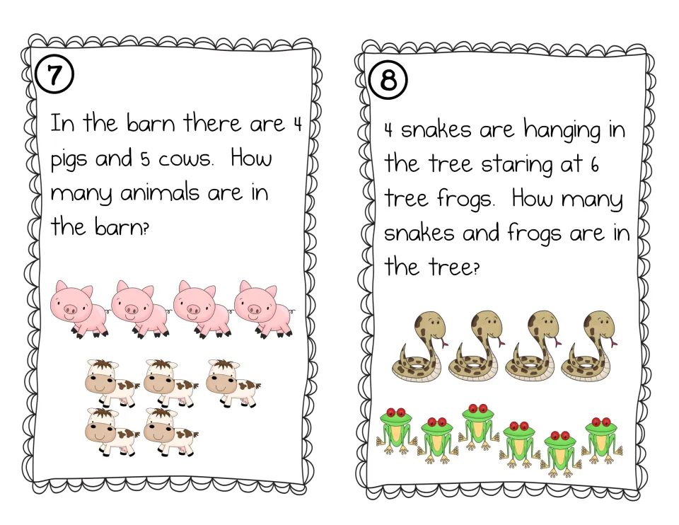 Word problem cards 7 and 8: students add 4 pigs and 5 cows, then 4 snakes and 6 tree frogs, counting the drawings