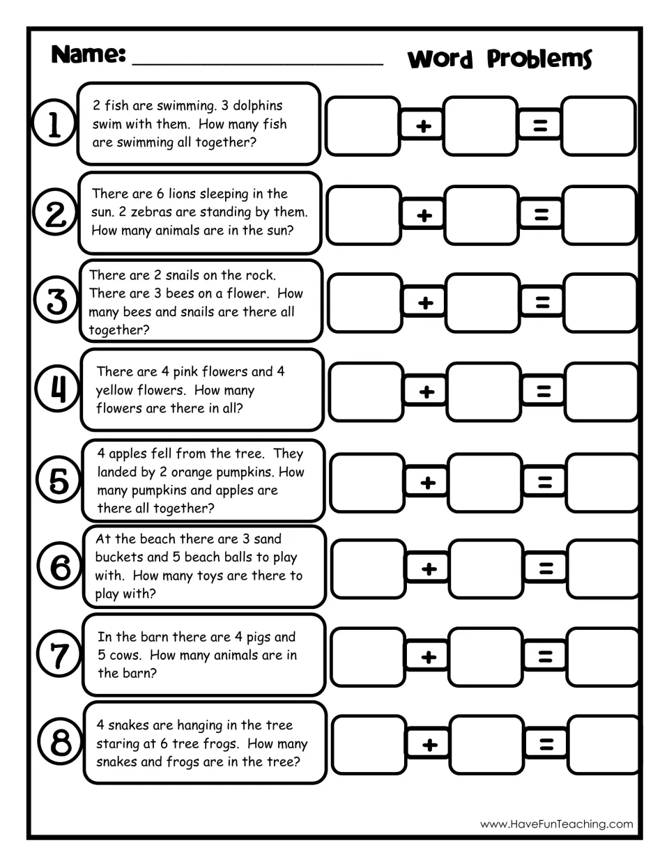 Word Problems recording sheet: students write an addition sentence for each of the 8 animal, flower and toy problems