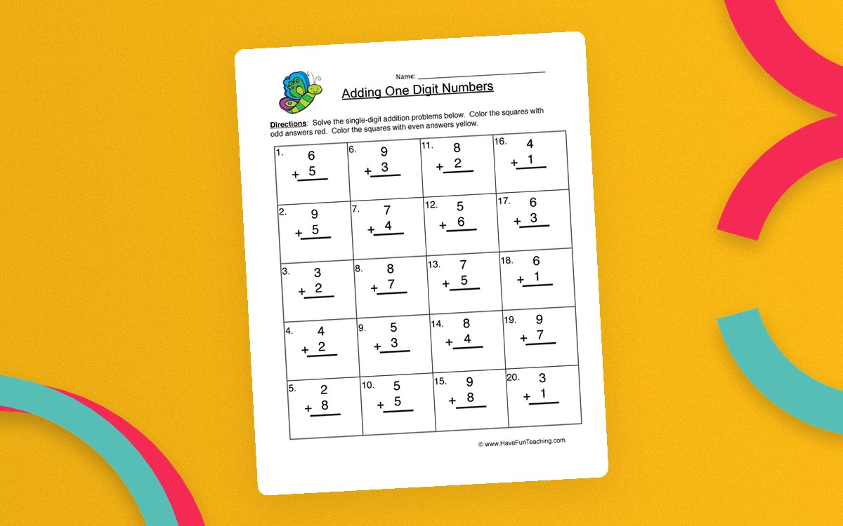 Adding One Digit Numbers worksheet with twenty vertical addition problems and a turtle illustration