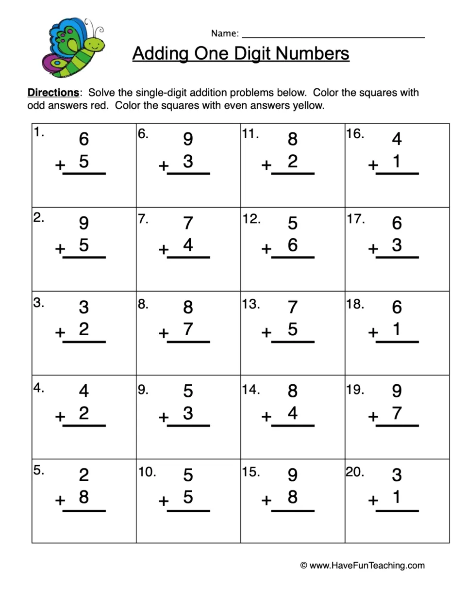 Adding One Digit Numbers: students solve 20 vertical sums, then color odd answers red and even answers yellow
