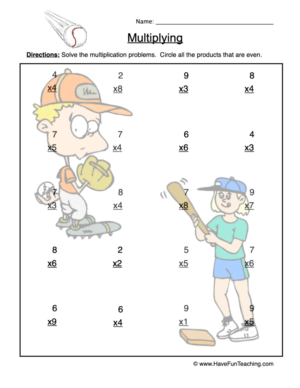 Multiplication practice page: 20 single-digit problems, including 4 × 4 and 9 × 3; circle the even products.