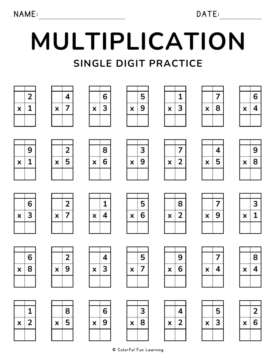 Multiplication facts, single digit practice: students write products for 35 vertical problems, opening with 2 x 1 and 4 x 7