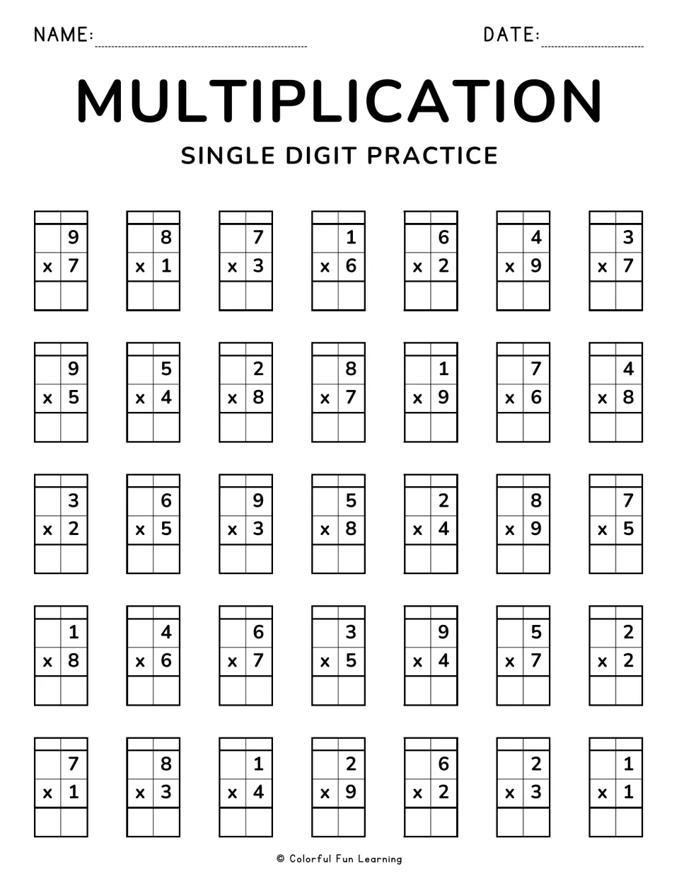 Multiplication single digit practice: students find 35 products, starting at 9 x 7 and ending with 2 x 3 and 1 x 1