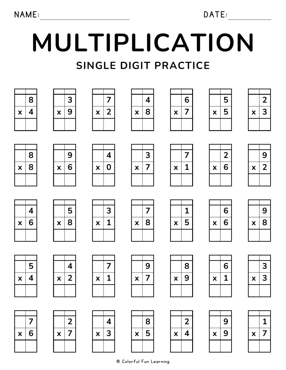 Single digit multiplication drill: students solve 35 facts, including 8 x 8, 9 x 9 and the zero fact 4 x 0