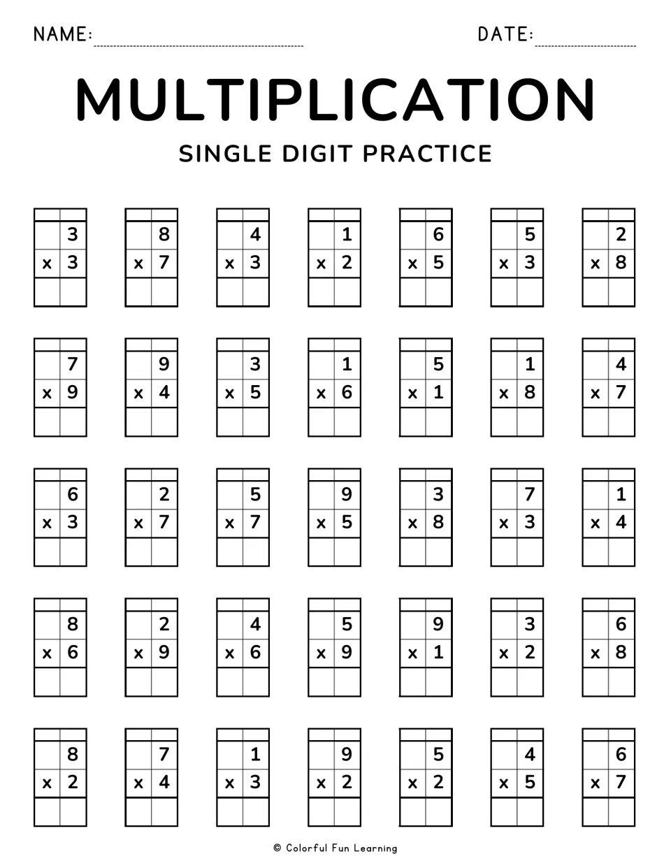 Multiplying one-digit numbers: students complete 35 vertical problems such as 3 x 3, 7 x 9 and 6 x 7, writing each product