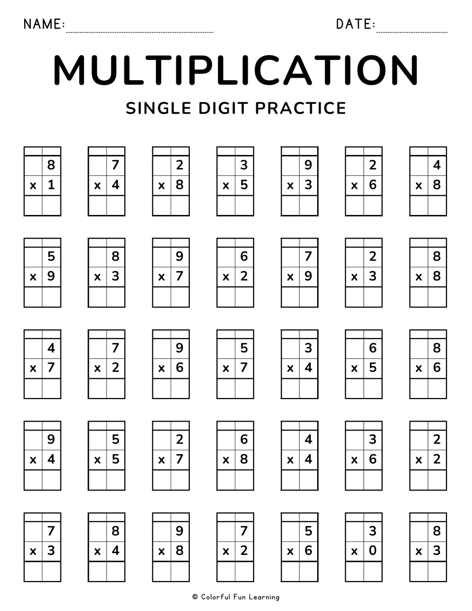 Single digit multiplication review: students answer 35 facts from 8 x 1 to 8 x 3, including the zero fact 3 x 0