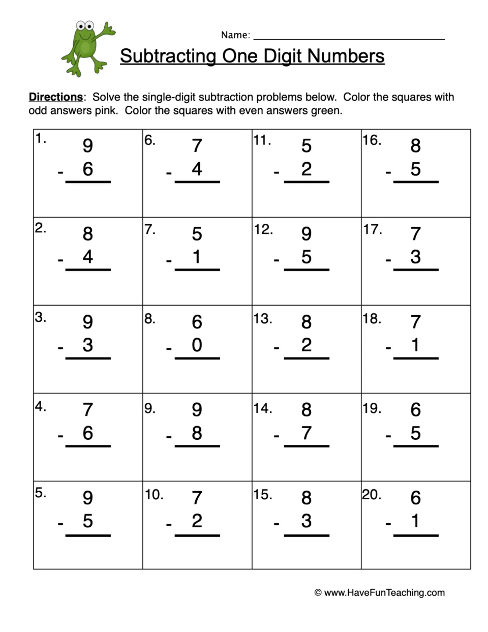 Subtracting One Digit Numbers: students solve 20 vertical subtraction problems, coloring odd answers pink and even green
