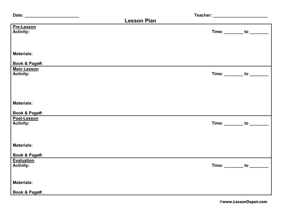 Lesson plan form: plan activity, time, materials and book page for pre-lesson, main lesson, post-lesson and evaluation