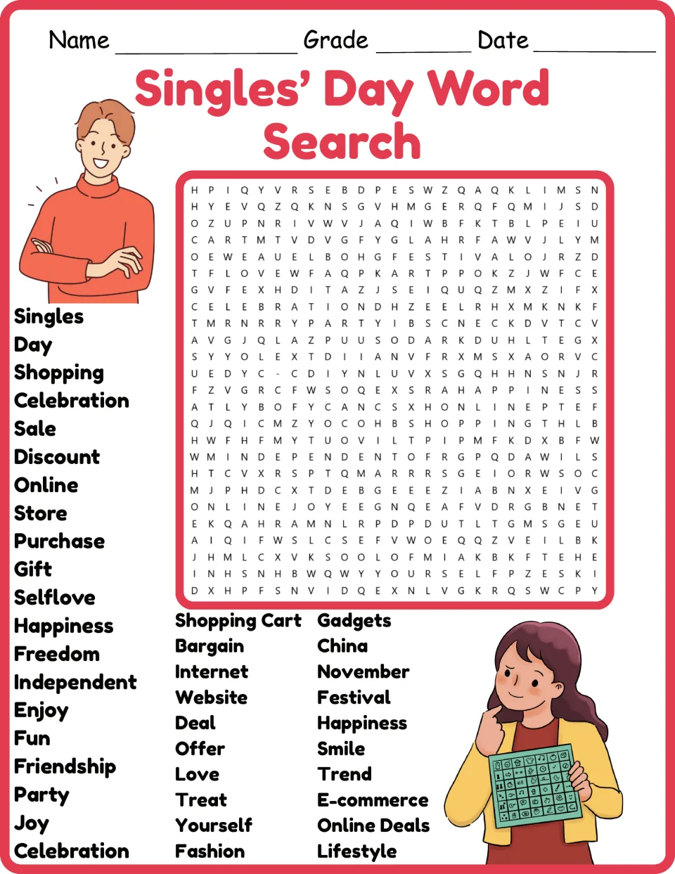 Color version of the Singles’ Day word search featuring shopping, discount, selflove, China, and November.