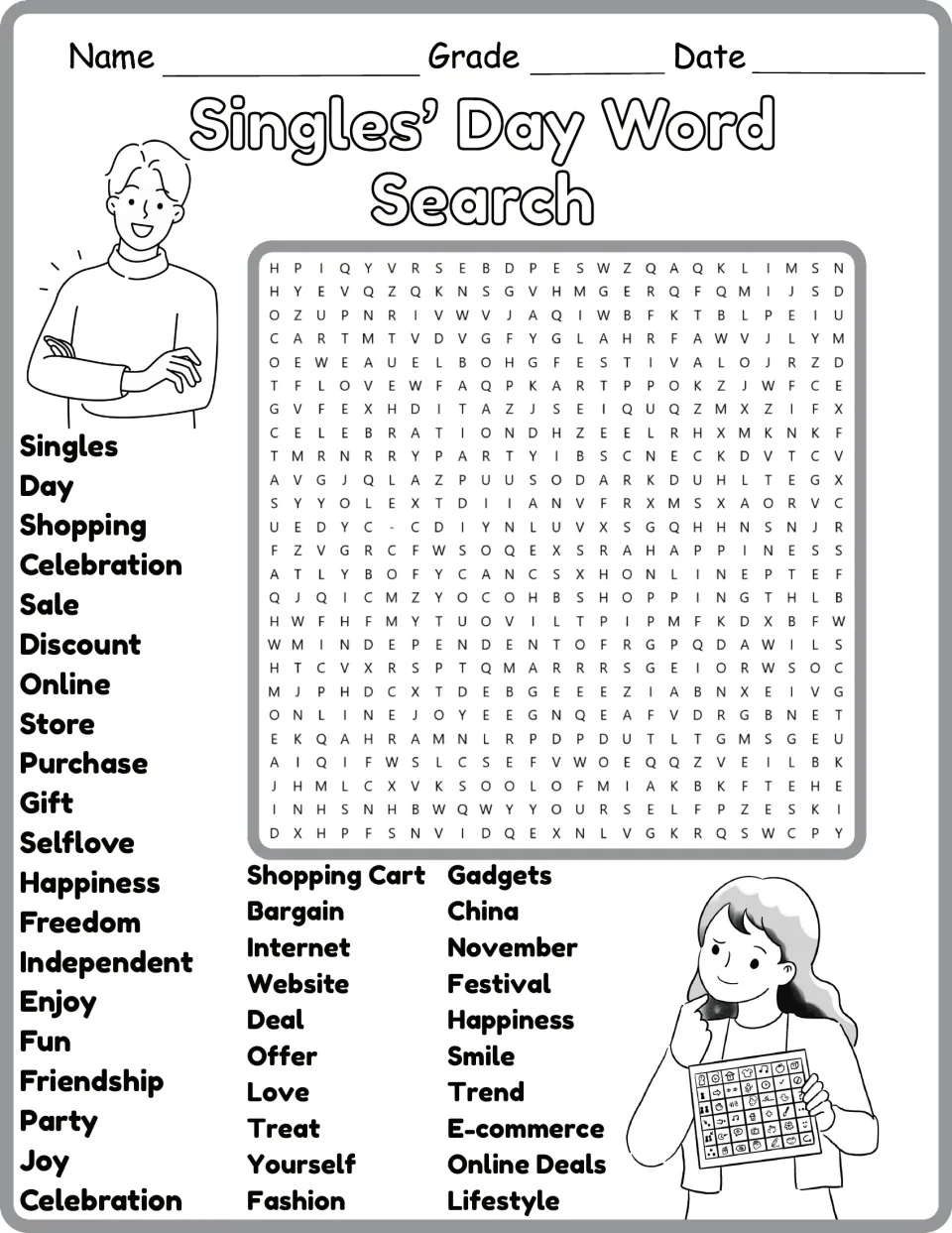 Black-and-white version of the Singles’ Day word search featuring friendship, freedom, gift, and yourself.