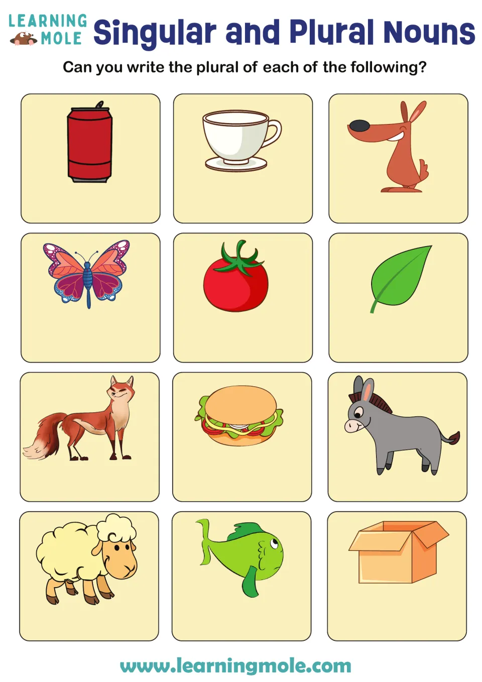 Plural noun practice: write plurals for pictures of a can, cup, dog, butterfly, tomato, leaf and six more