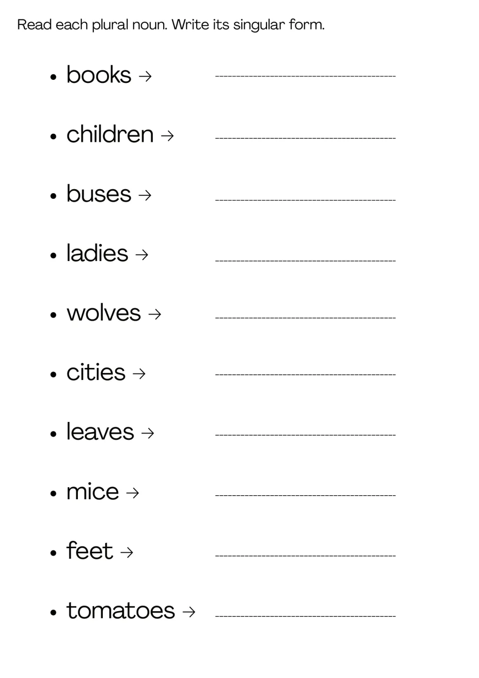 Plural to singular: students write the base form of 10 nouns including children, ladies, mice, feet and tomatoes