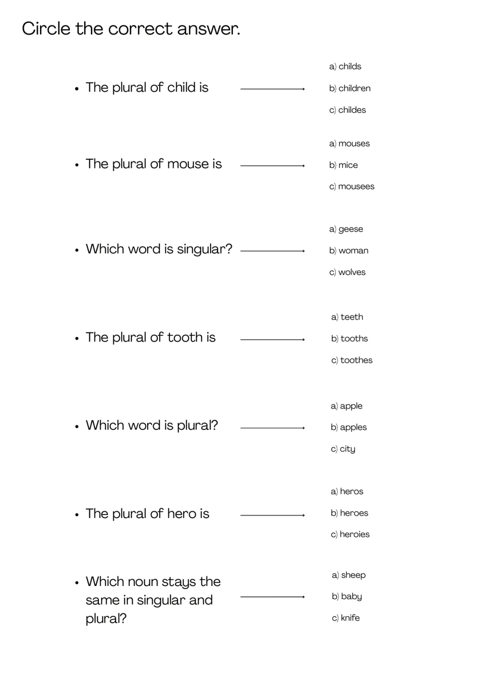 Noun forms multiple choice: students circle the right option for 7 items like the plural of child, tooth and hero