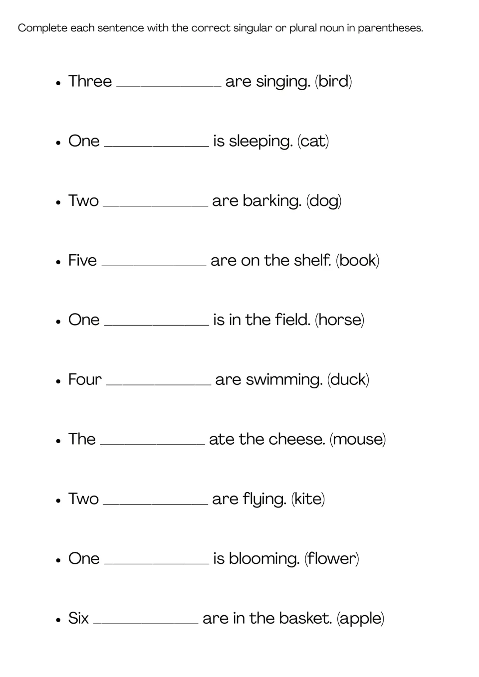 Sentence completion: students fill 10 blanks with the right form of a noun in parentheses, such as bird, duck and mouse