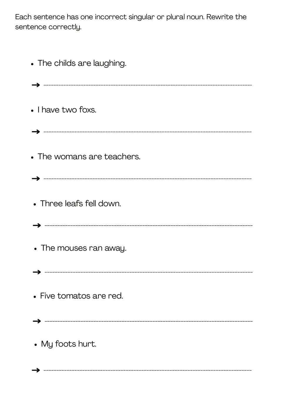 Error correction: students rewrite 7 sentences fixing a wrong noun form, such as childs, foxs, womans and foots