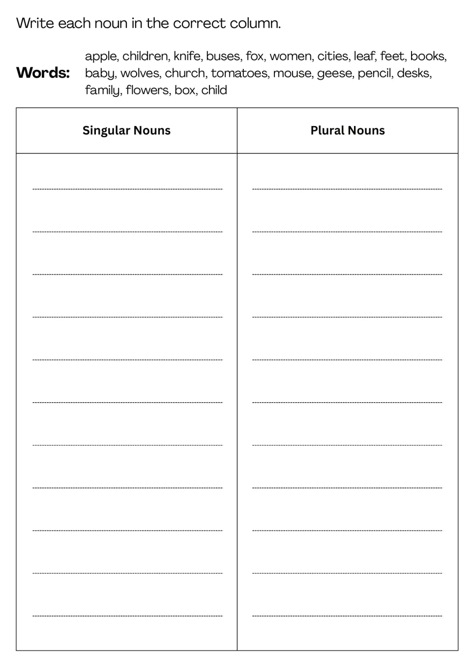 Noun sort: students write 22 words from a word bank, such as geese, pencil and family, under Singular or Plural