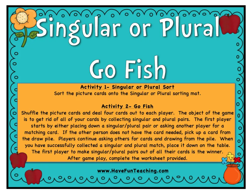 Singular or Plural Go Fish cover with directions for a picture-card sort and a Go Fish game collecting singular/plural pairs