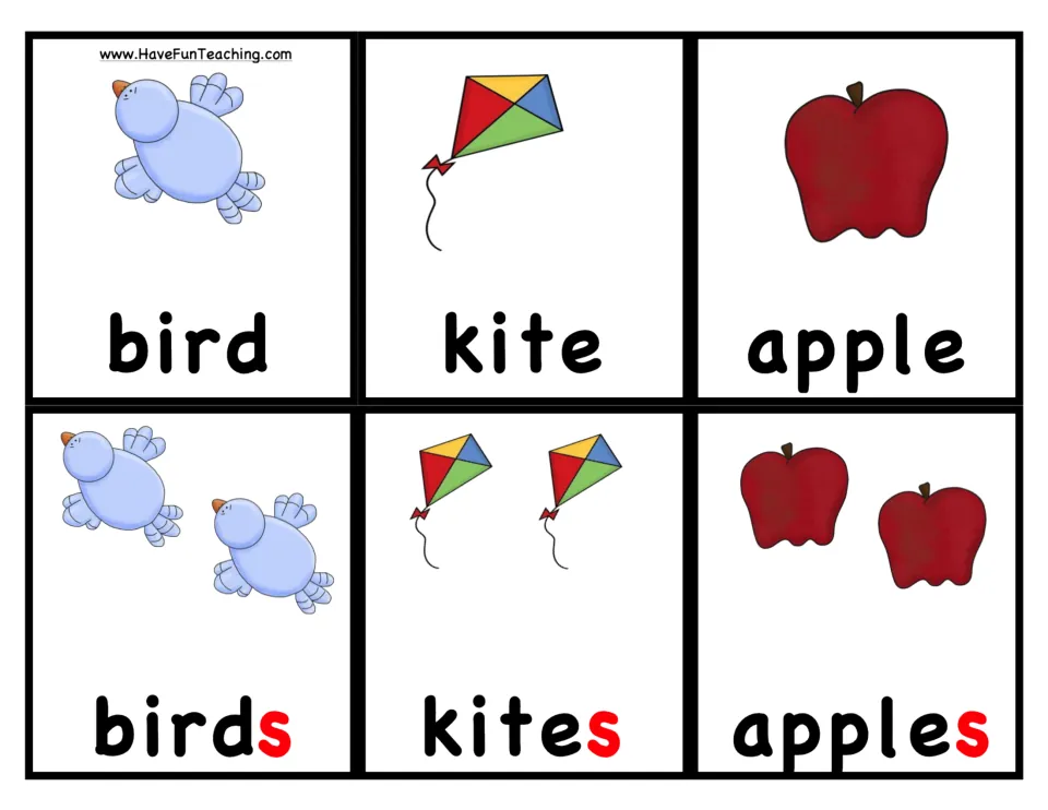 Noun picture cards: bird, kite and apple paired with birds, kites and apples, the plural -s shown in red for matching