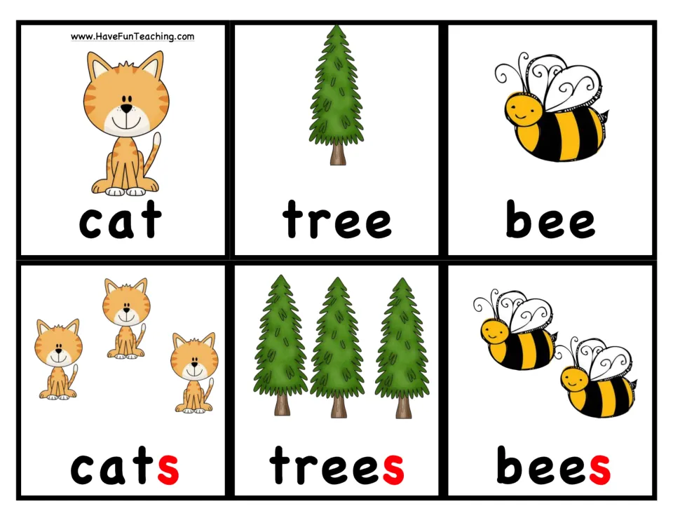 Noun picture cards: cat, tree and bee matched with cats, trees and bees, each plural card showing a red -s ending
