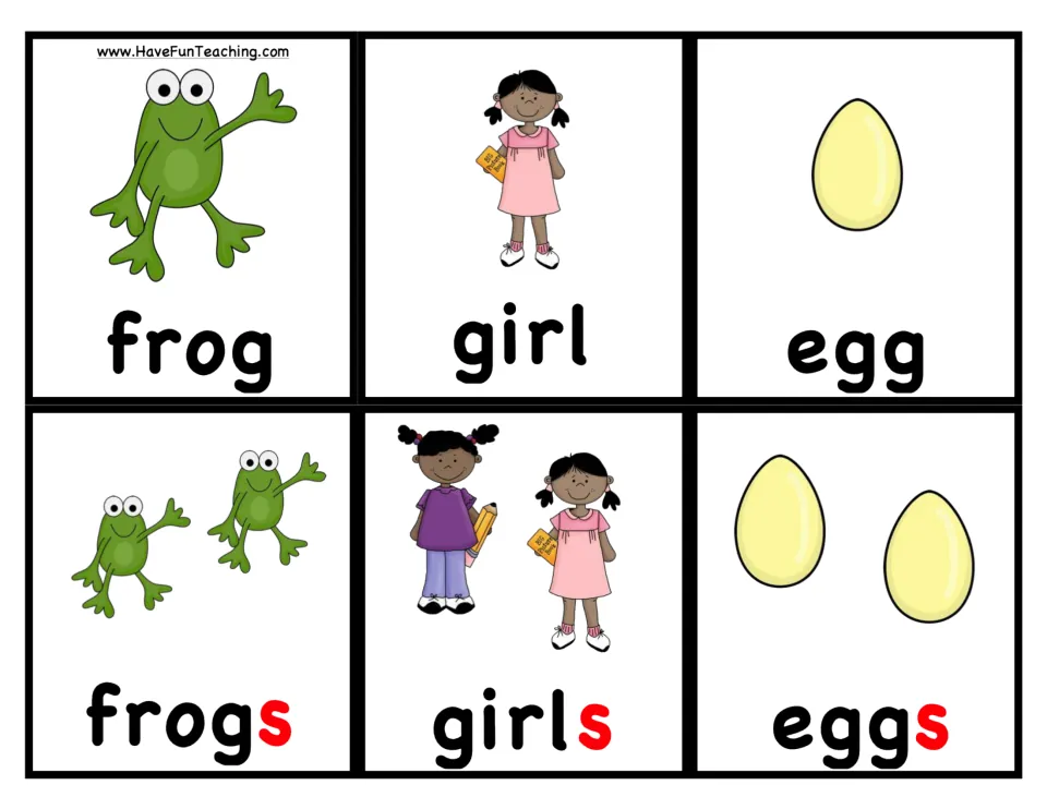 Noun picture cards: frog, girl and egg alongside frogs, girls and eggs, showing one versus more than one with a red -s