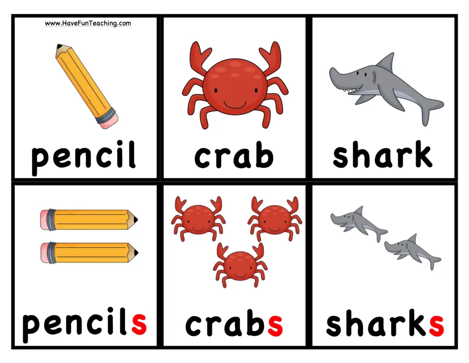 Noun picture cards: pencil, crab and shark paired with pencils, crabs and sharks, the added -s highlighted in red