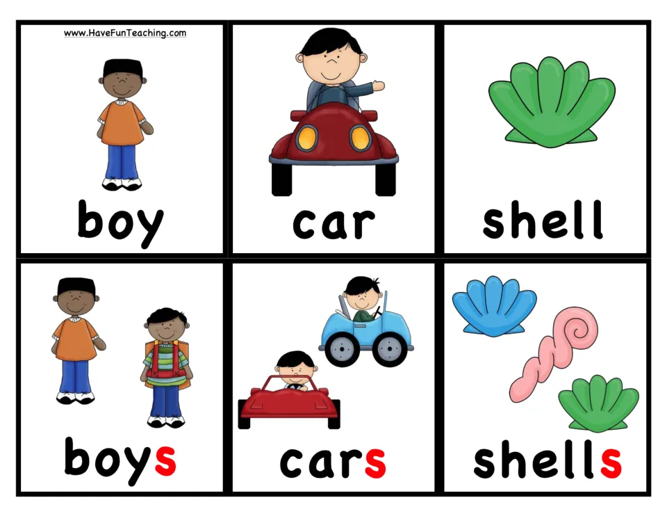 Noun picture cards: boy, car and shell with plural partners boys, cars and shells, each ending in a red letter s