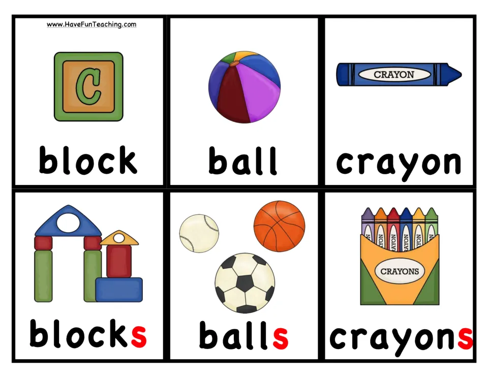 Noun picture cards: block, ball and crayon matched to blocks, balls and crayons, with the plural -s printed in red