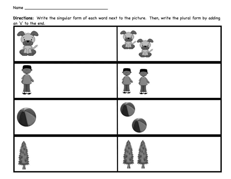 Singular and plural nouns writing practice: students write the word for one dog, boy, ball and tree, then add -s for two