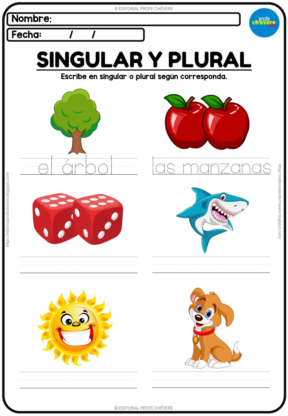 Spanish singular and plural nouns: students trace el árbol and las manzanas, then name dice, a shark, a sun and a dog