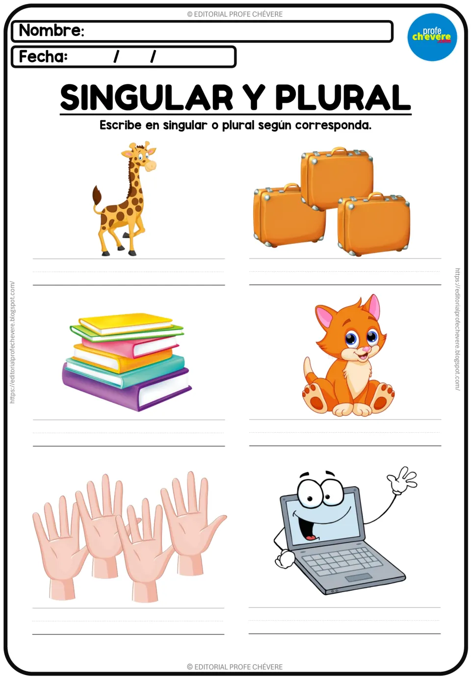 Writing nouns with articles in Spanish: students label a giraffe, suitcases, books, a cat, hands and a laptop by number