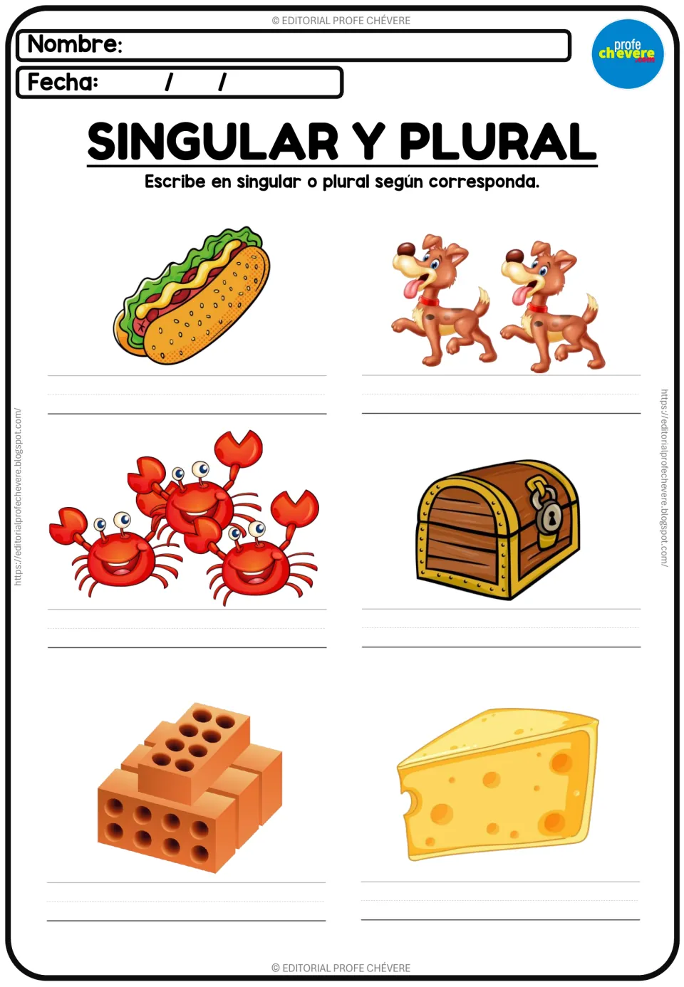 Spanish article practice: students write singular or plural names for a hot dog, dogs, crabs, a chest, bricks and cheese