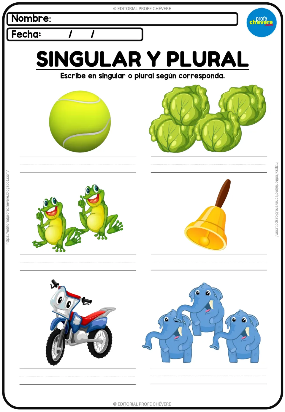 Singular or plural in Spanish: students name a tennis ball, lettuces, two frogs, a bell, a motorbike and three elephants
