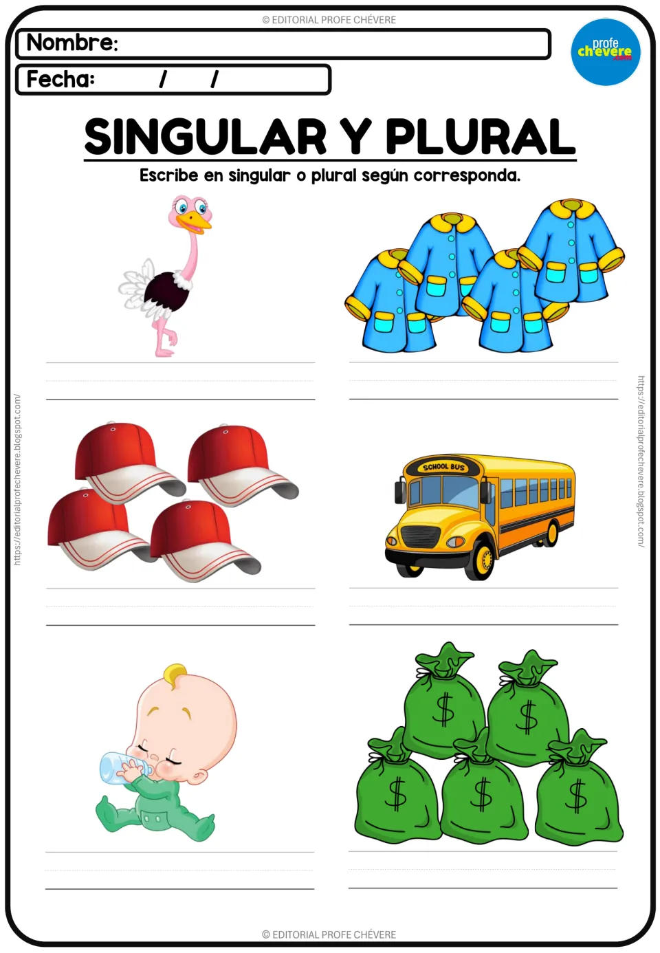 Spanish nouns with el, la, los, las: students write names for an ostrich, coats, caps, a school bus, a baby and money bags