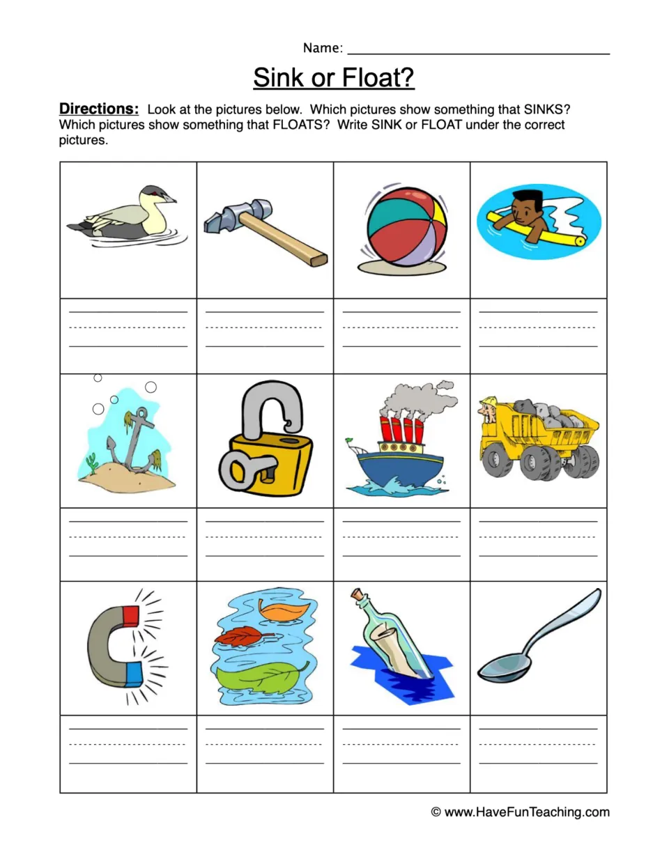 Sink or float: students look at 12 pictures, including a duck, hammer, anchor and boat, and write SINK or FLOAT under each