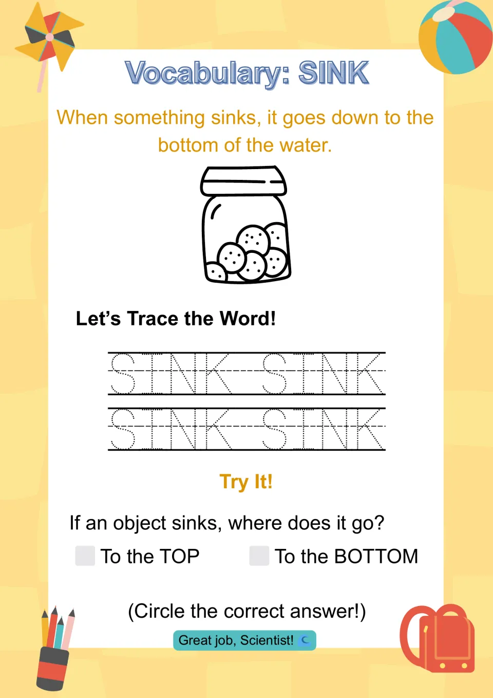 Vocabulary: SINK. Students trace the word four times, then mark whether a sinking object goes to the top or the bottom