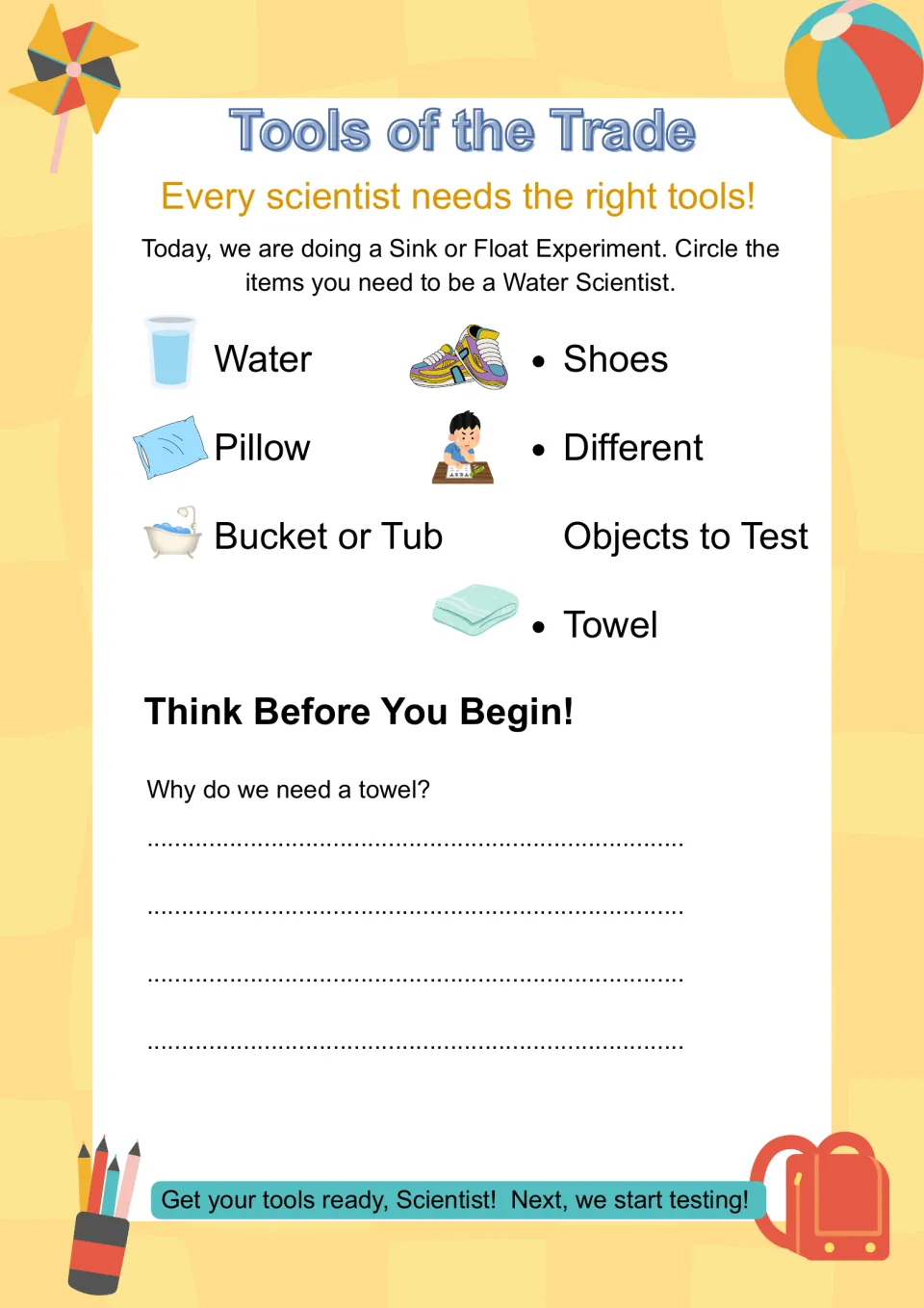 Tools of the Trade: students circle the items needed for the water test, then write why a towel is needed