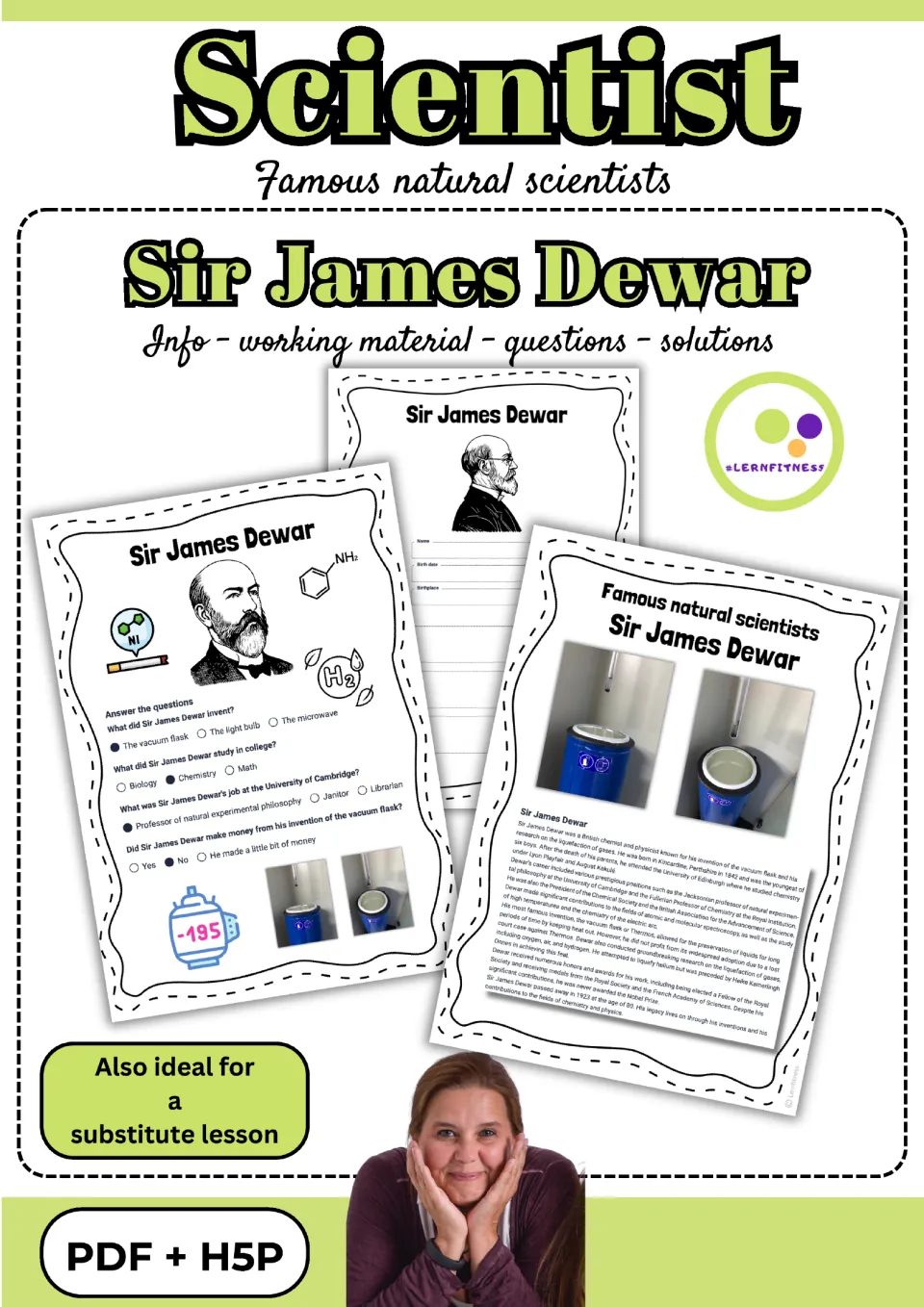 Cover of the James Dewar reading and activity resource, showing biography, profile, and quiz samples