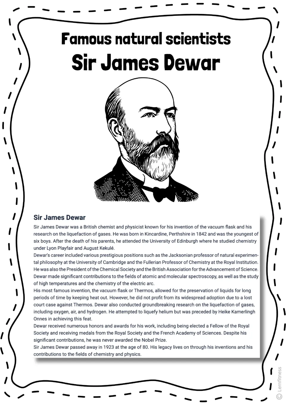 Biography reading about James Dewar's life, vacuum flask invention, and gas research, with his portrait