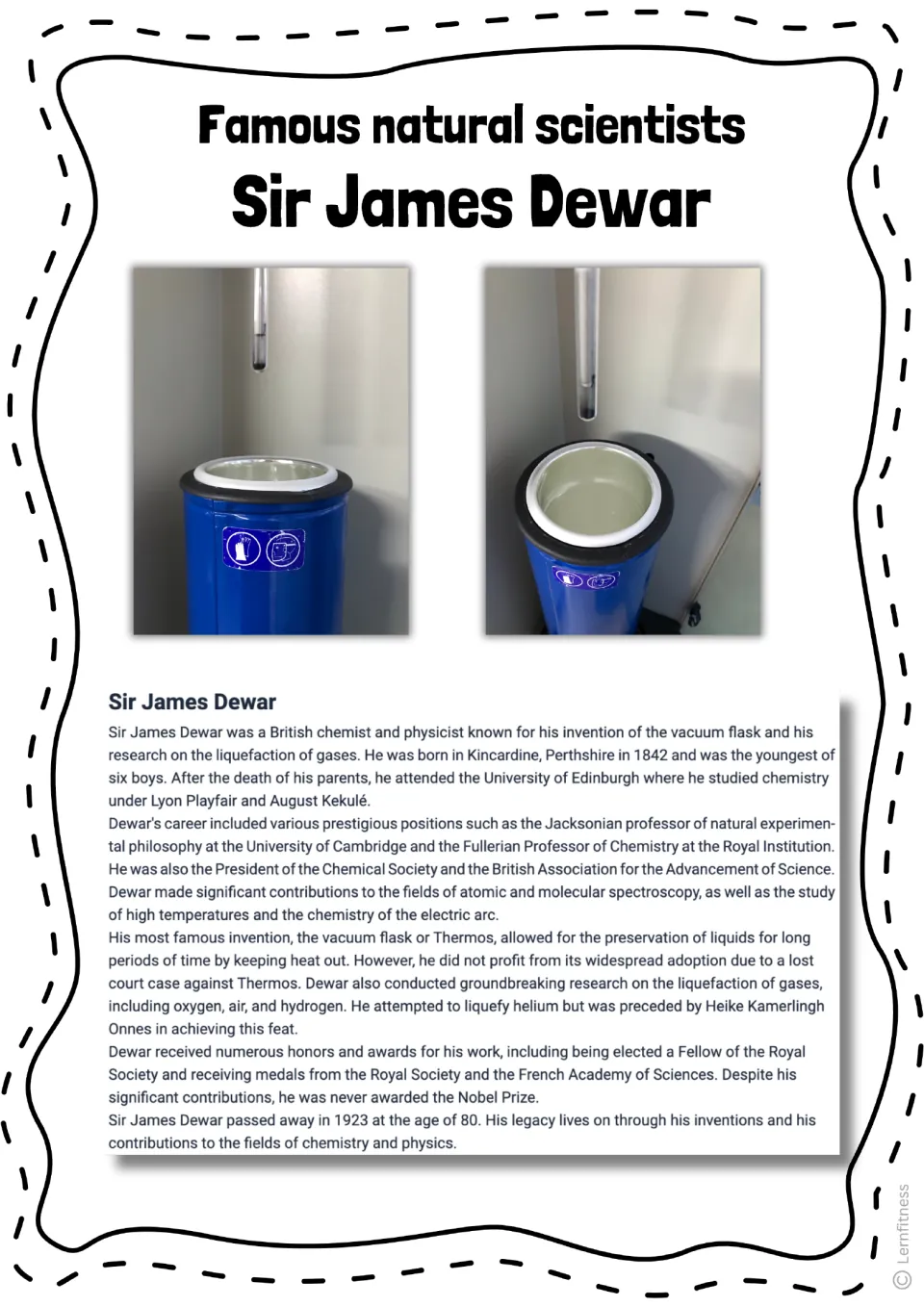 Biography reading about James Dewar's life and scientific work, illustrated with two vacuum flask photos