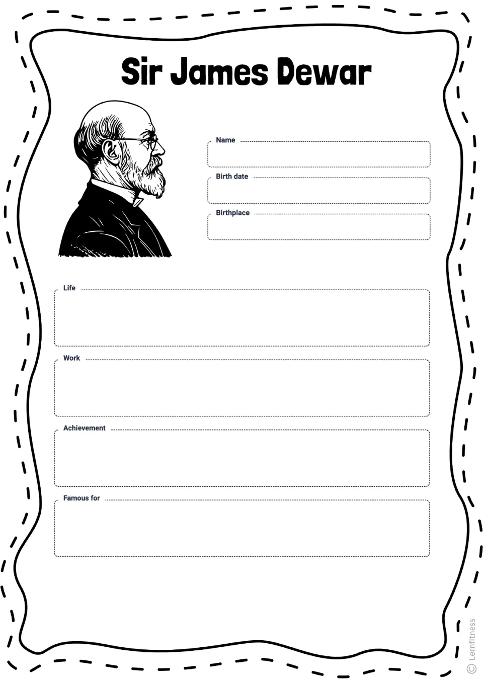 James Dewar profile task asking for name, birth date, birthplace, life, work, achievement, and fame
