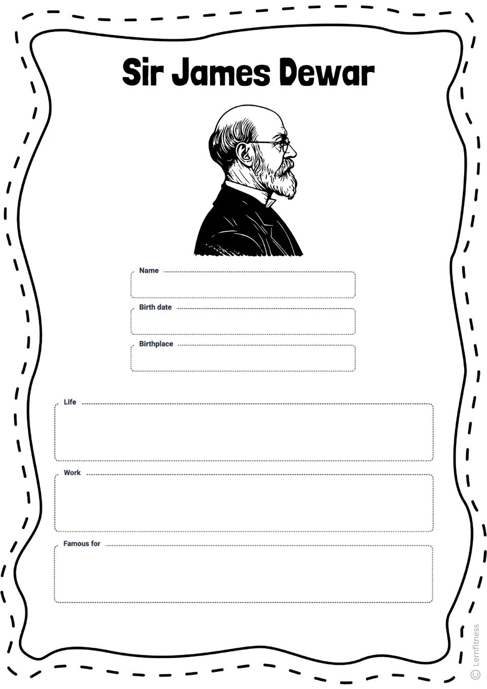 James Dewar profile task asking students to record his name, birth date, birthplace, life, work, and fame