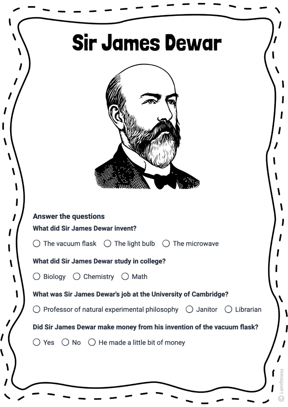 Four-question James Dewar quiz on his invention, college subject, Cambridge job, and vacuum flask earnings
