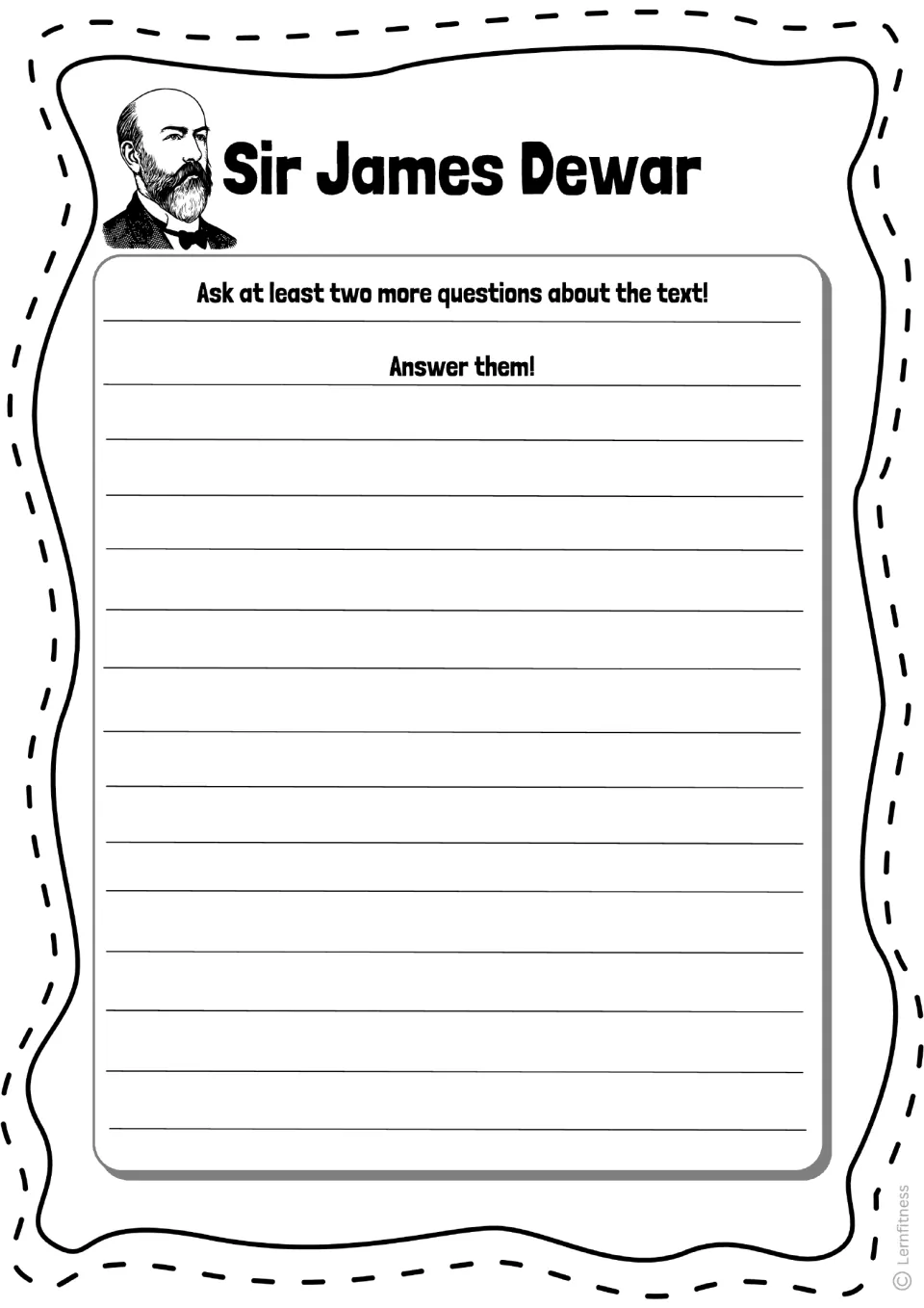 James Dewar extension task asking students to write at least two more questions about the text and answer them