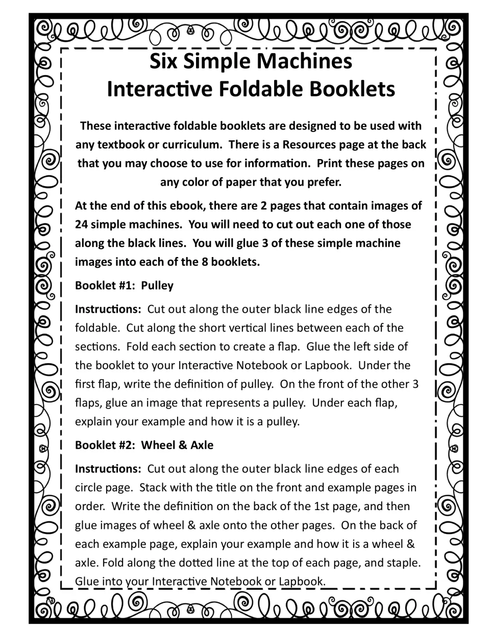 Booklet assembly instructions for pulley and wheel and axle, plus directions for using 24 cutout images